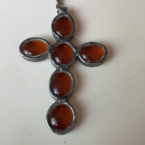 Pewter Amber cross Pendant on 12 “ chain